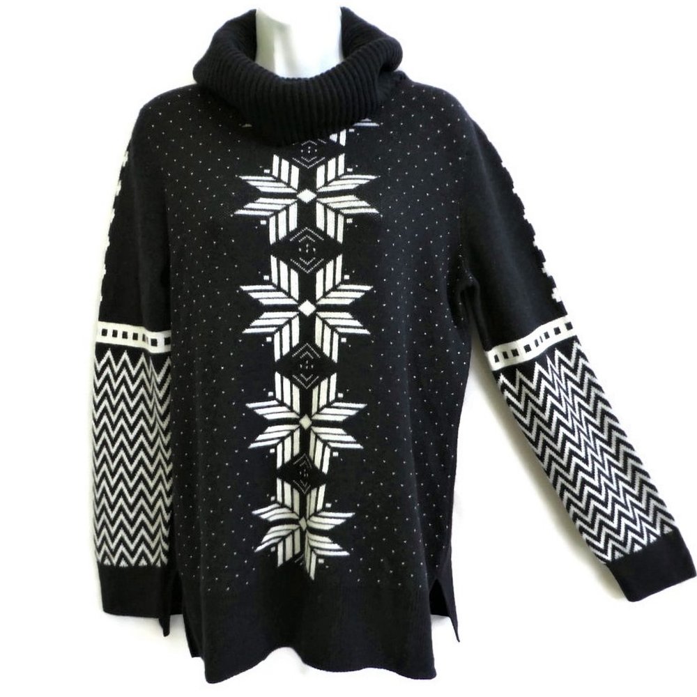 Talbots Sweater Black Lambswool Blend Cowl Neck White Fair Isle Black M